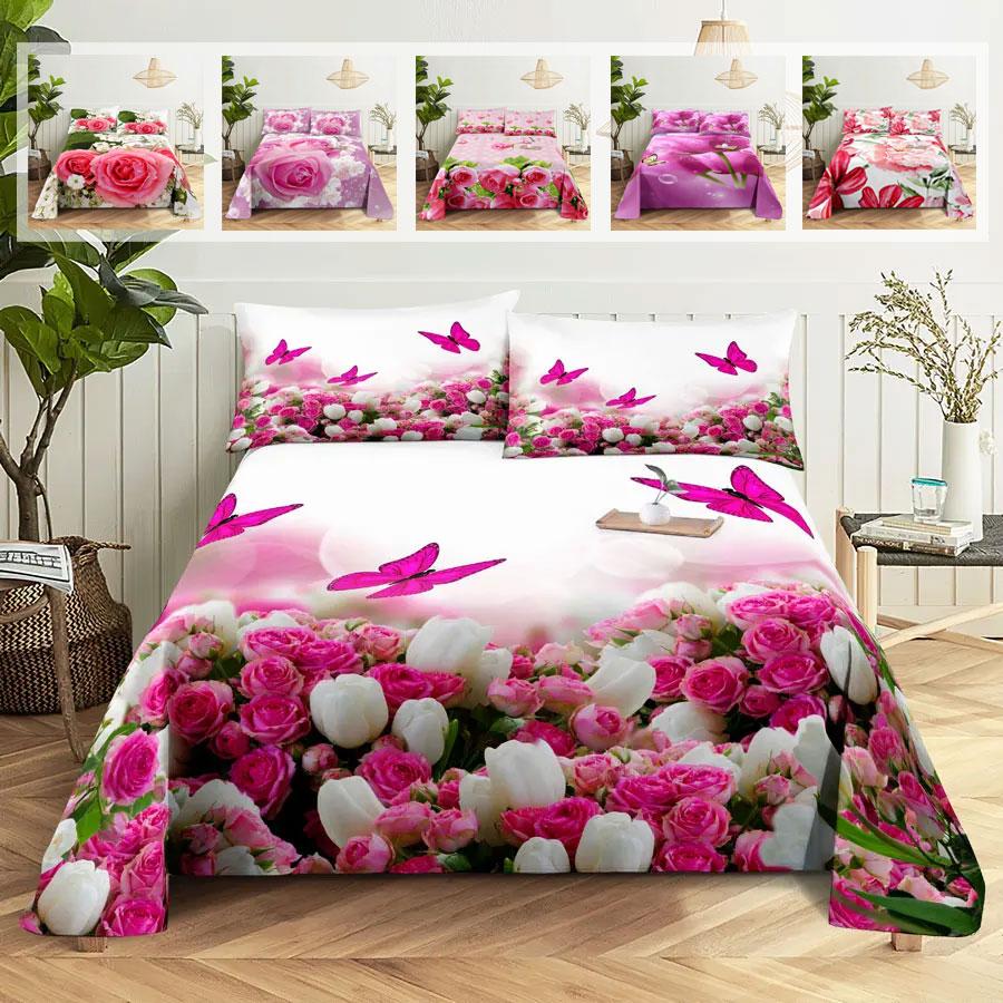 Pink Floral Bed Sheet Set Pillowcase Bedding Linens Cover Flower Queen King Twin Full Size for Single Double Bed Soft Thin
