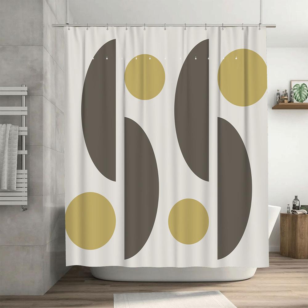 Modern Geometric Shower Curtain Set 180x180cm Yellow Dot Design for Bathroom Decoration In White Gray Color with Hooks (SS)