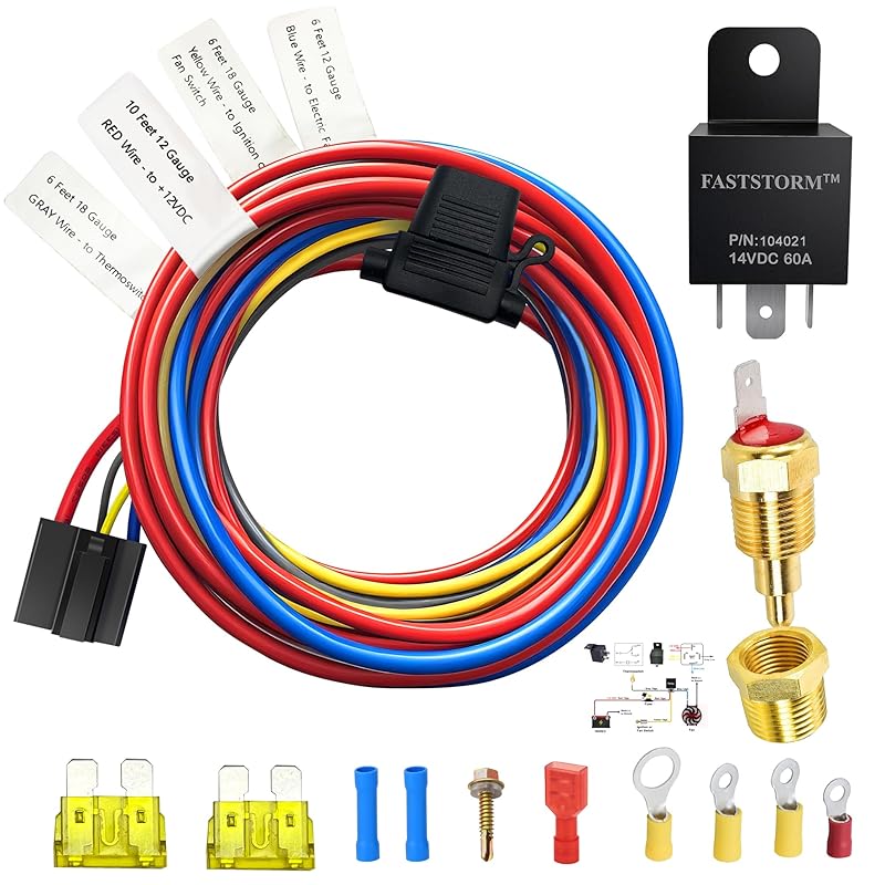 Electric Fan Relay Kit 12V 60 AMP Electric Radiator Cooling Waterproof Fan Relay Kit With Thermostat Control Switch 185 On 175 Off Upgrade Single Fan 185 On 175 Off