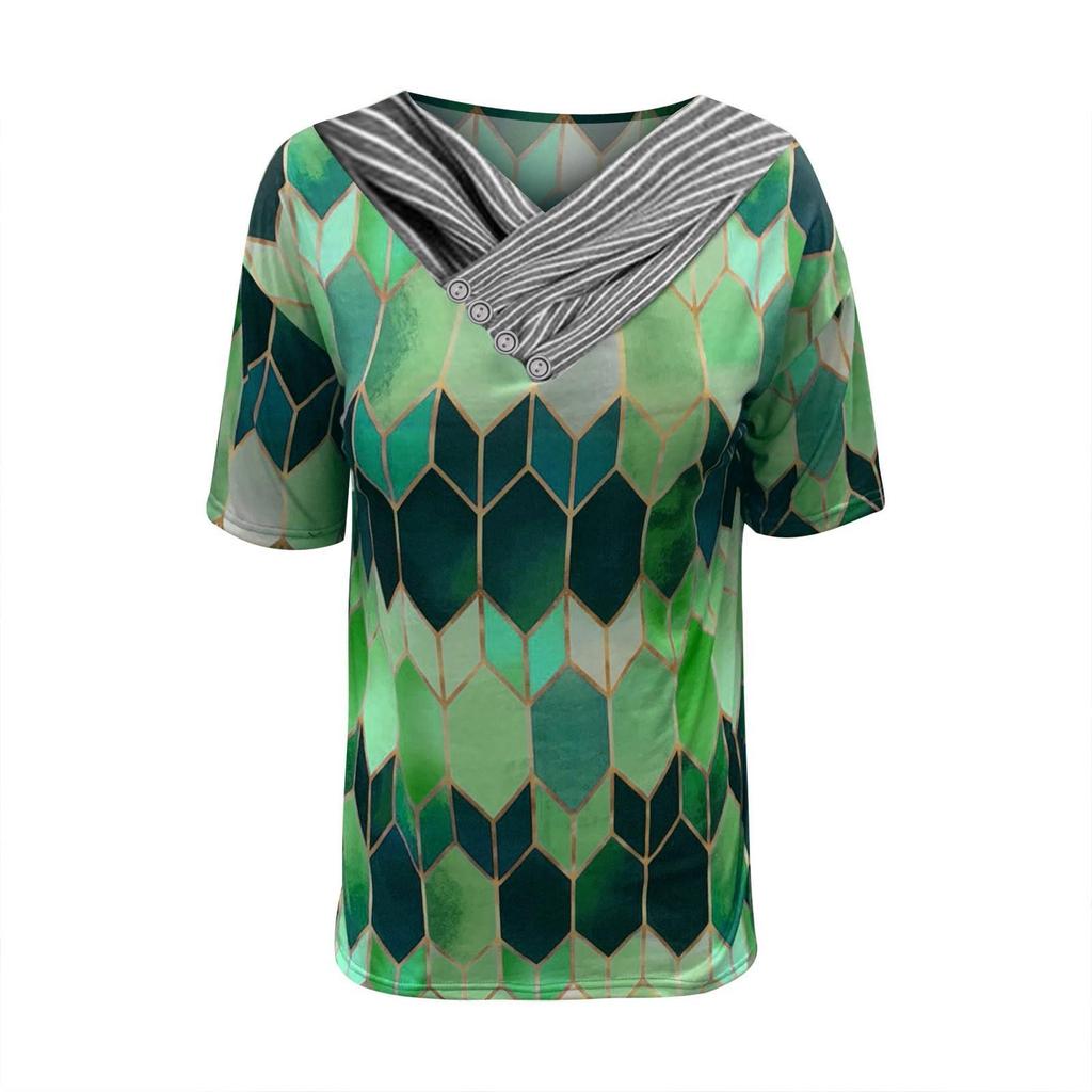 Women Tie-dye Printed Embroidery Collar Splicing Sleeve Pullover Blouse Tops