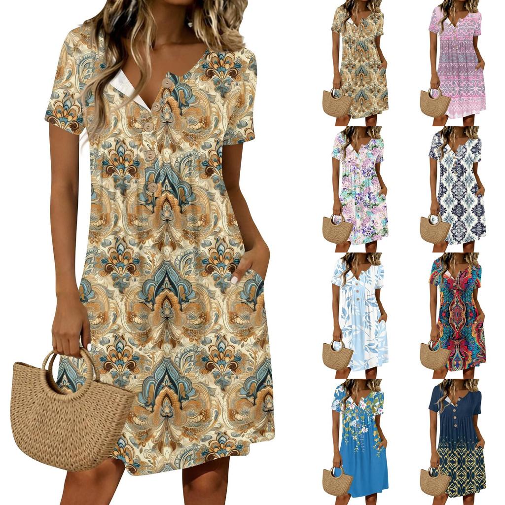 Women’s Vintage Floral Print Short Sleeve Button Neckline Casual Dress with Relaxed Fit and Leaf Pattern for Everyday Wear
