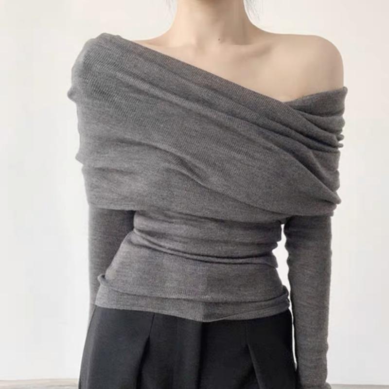 Temperament de primăvară Femei Decolteu oblic Cămăși sexy Elegante Mânecă lungă Umeri goi Bluze tricotate Femei Casual Stradă Solidă Modă Croială slim Topuri 25998