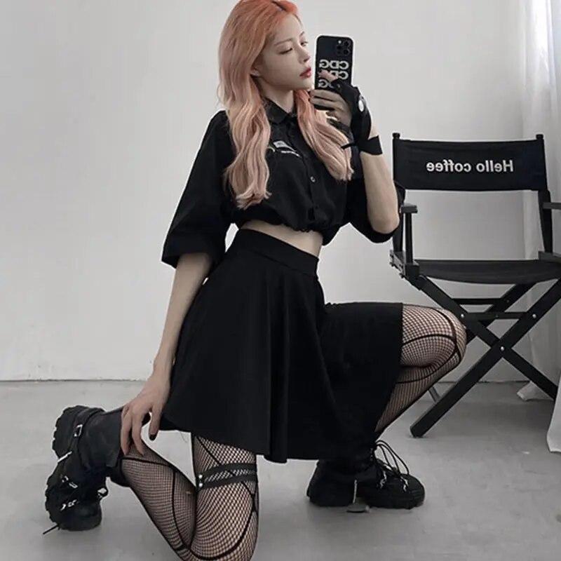 Schwarzer Minirock Gothic Damen Fee Grunge Hohe Taille Lose A-Linie Rock Shorts Goth Egirl Sommer Harajuku Streetwear
