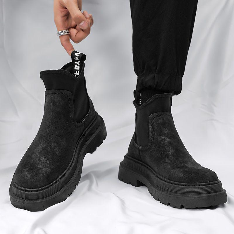 Men's Black Chelsea Ankle Boots: 2025 British Style, Thick Sole, Height-Enhancing Workwear.