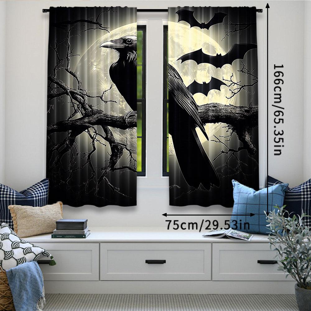 2Pcs Halloween Raven Curtain Scary Crow Full Moon Night Black Bat Spooky Misty Forest Decor Curtains Suitable For Living Room