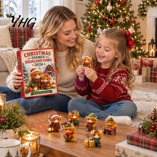 Blind Box Surprise Gift Highland Cow Advent Calendar with 24 Unique Hanging Ornaments for Thanksgiving Christmas Pumpkin Maple Leaf Party Supplies