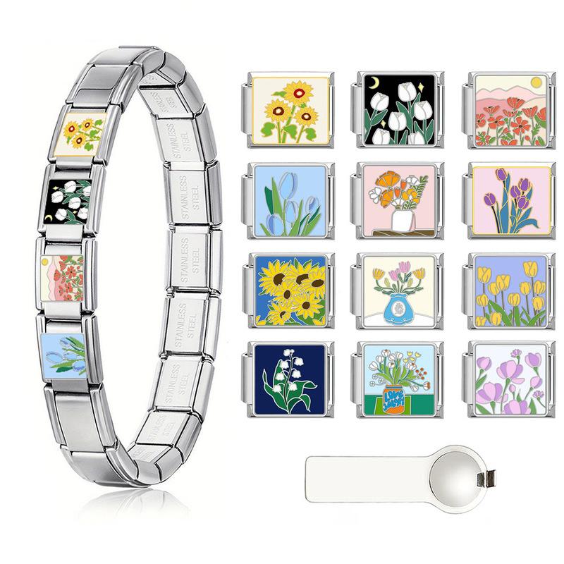 New Stainless Steel Italian Modular Charm Bracelet Diy Interchangeable Flower Pattern Charms Fashion Jewelry Women Daily Wear