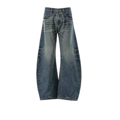Womens High-Waisted Wide-Leg Denim Pants Vintage Style Loose Fit Straight Cut Fall Winter