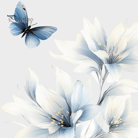 Botanical Wall Accents for Modern Interior Ink-Washed Blue Floral Stickers with Butterflies, Delicate Lily Peel And Stick Decals Living Room