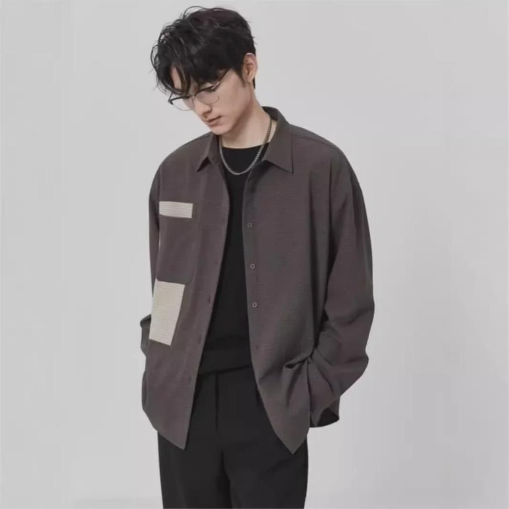 2024 Men's Casual Long-Sleeve Plaid Shirt, Korean-Style with Contrast Stitching for Spring and Autumn