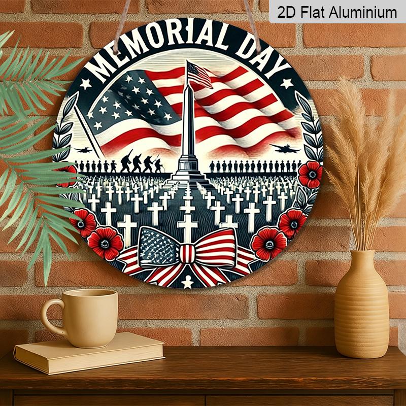 2D Flat, 1pc Memorial Day Round Metal Wall Art - Military Tribute with American Flag, Arlington Cemetery Tombstones & Iwo Jima Soldiers - Vintage