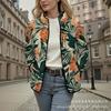 Women's Tropical Leaf Print Quilted Jacket Stand Collar Button Down Contrast Trim Casual Coat