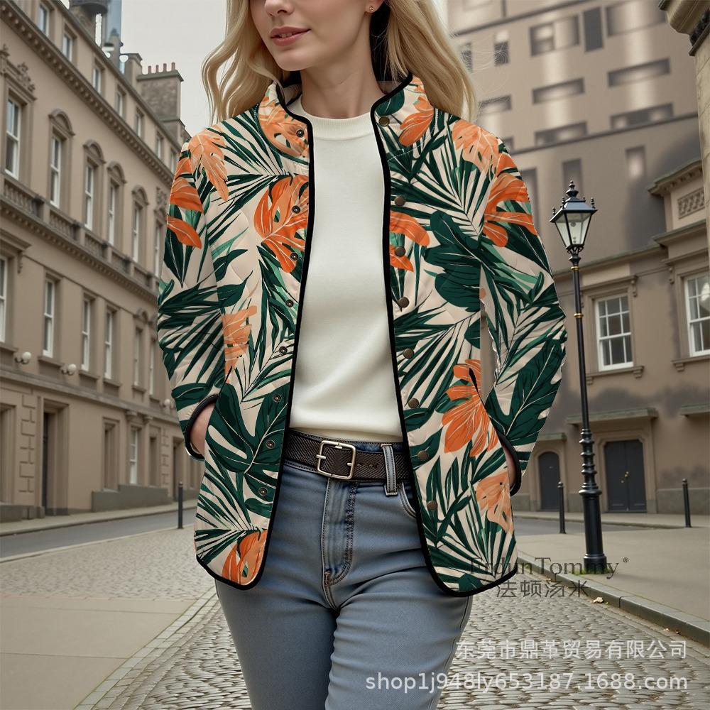 Women's Tropical Leaf Print Quilted Jacket Stand Collar Button Down Contrast Trim Casual Coat