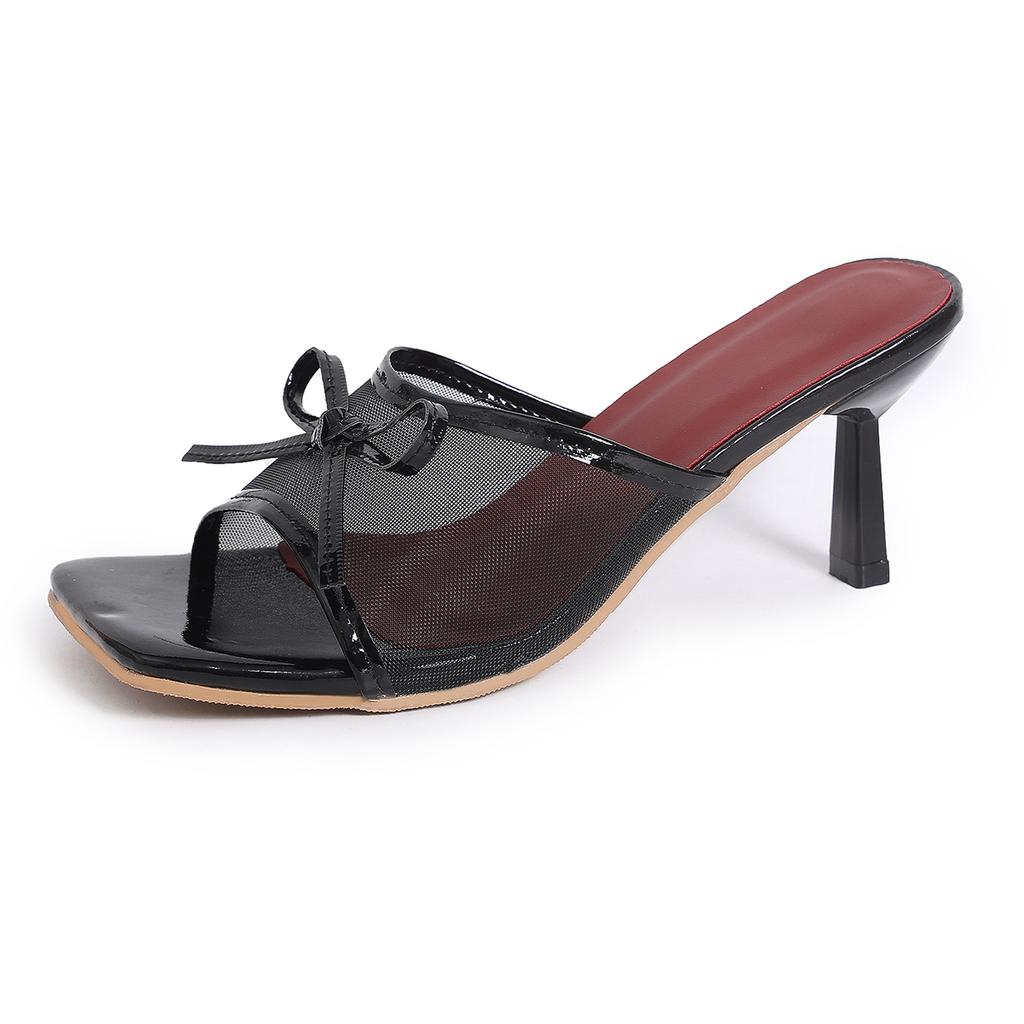 New Plus Size Mesh Bow Slim Heel Slipper for Women Summer Outside Square Toe High Heel Slip Slippers