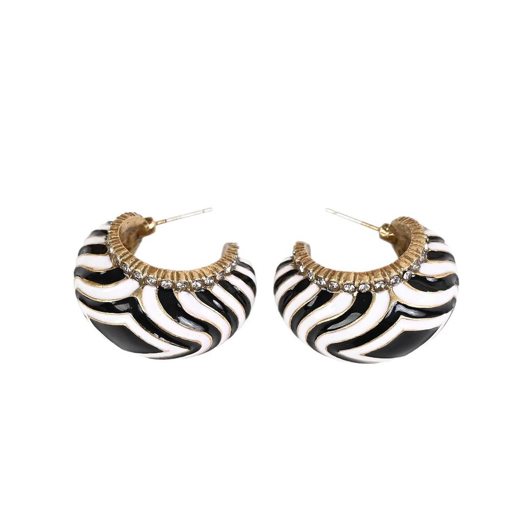 Gebrauchte Schwarz-Weiß C-förmige Zebra-Streifen Zirkon Ohrstecker - Vintage Europäisches Design