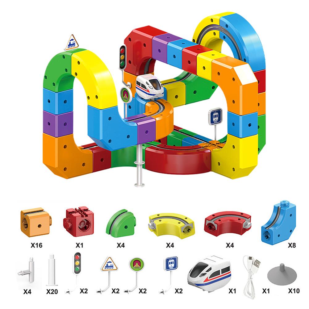 Cube DIY Assembly Rail Car Toys Kids Puzzle Electric Train Toys Intellectual Building Blocks Birthday Christmas Xmas Gift
