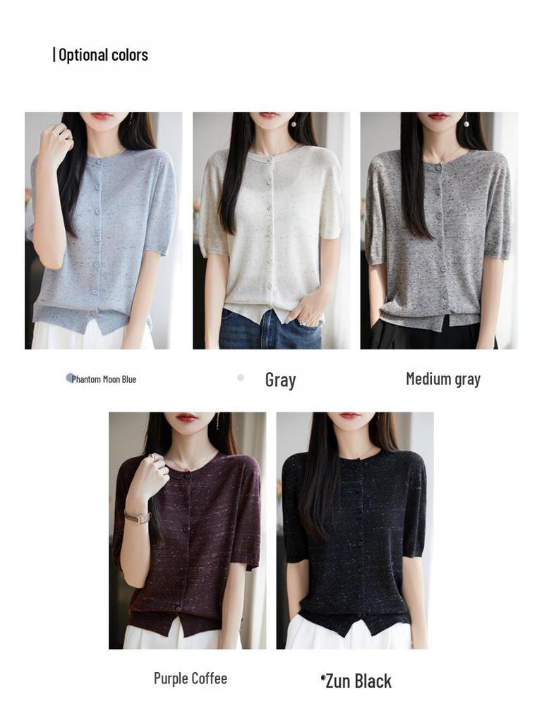 Women's Floral Wool Knit Cardigan - Round Neck, Short Sleeves, 2025 Spring/Summer Collection