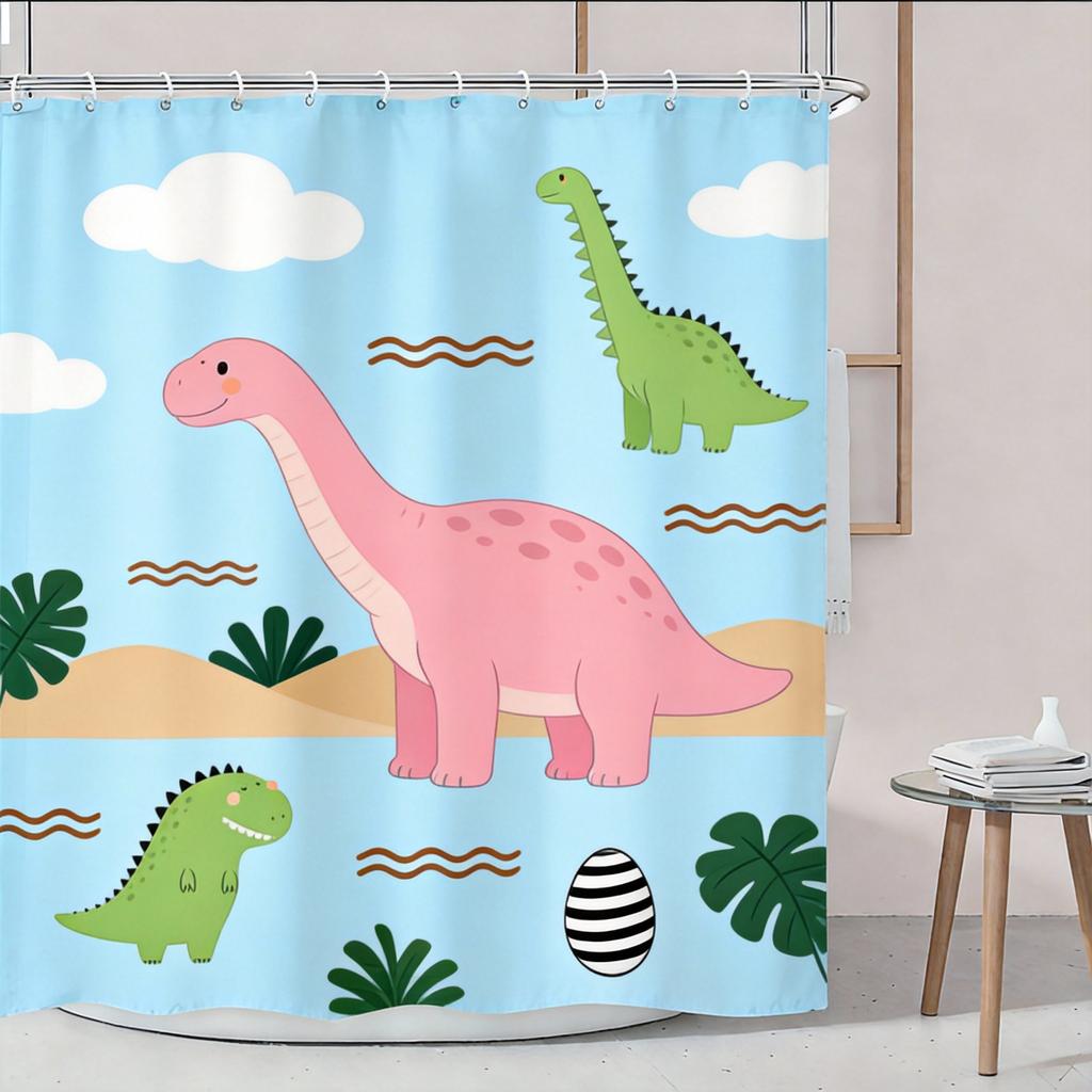 Cute Dinosaur Shower Curtain Green Cartoon Dinosaurs Print For Kids Bathroom Decor Polyester Bath Curtain With Hooks