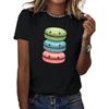 Women Cute Macaron Faces Graphic T-Shirt Black Colorful Print Round Neck Short Sleeve Comfort Fit Casual Top