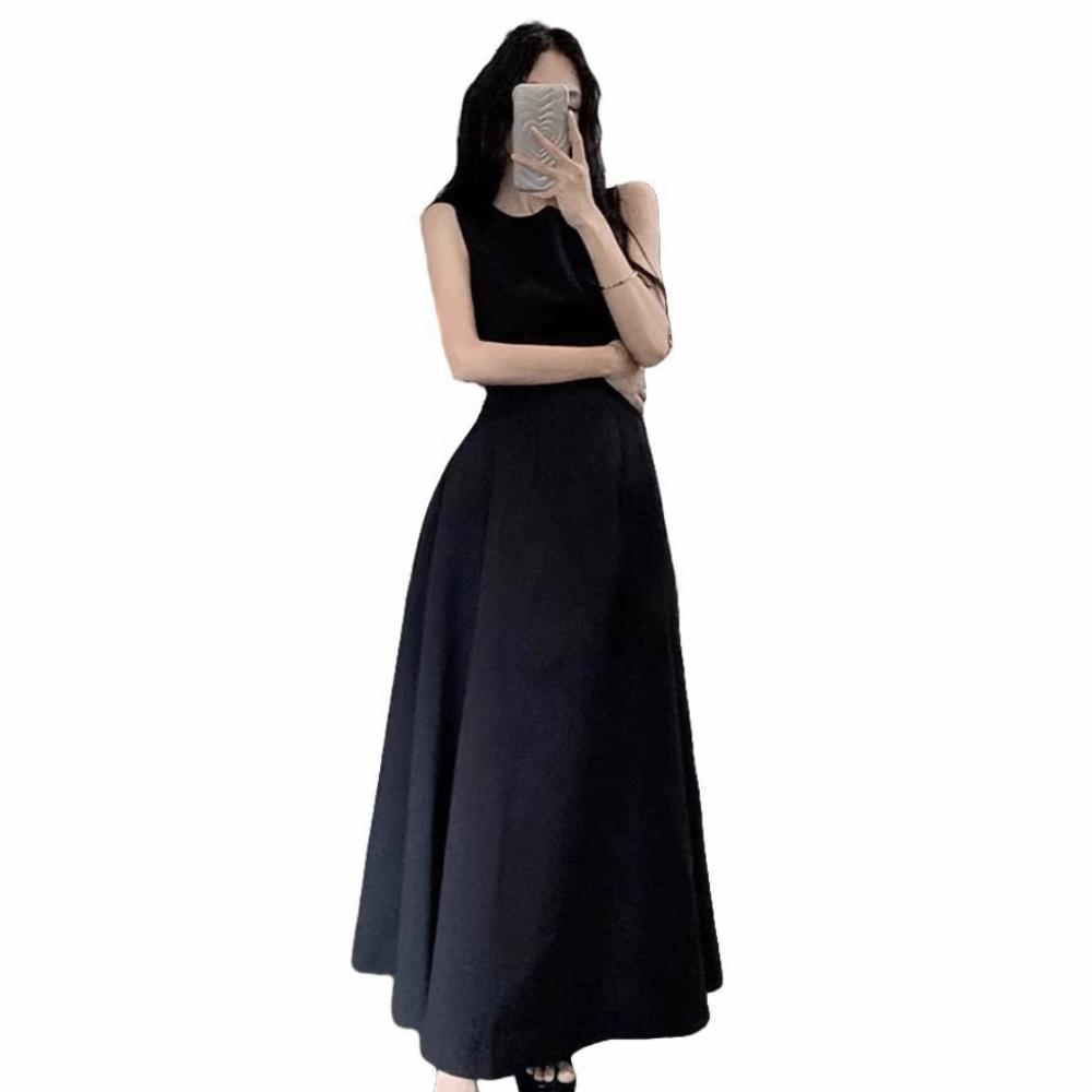 Sleeveless Vest Solid Color Long Skirt Temperament Women Korean Dress Sleeveless Long Dress  Party