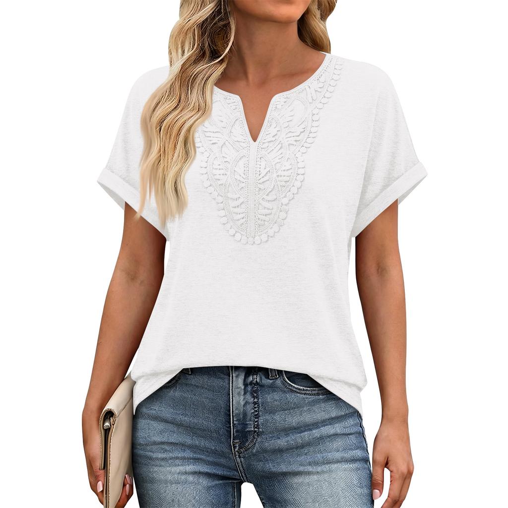 Women V Neck Short Sleeve Top with Embroidered Front Casual Loose Fit Bohemian Style Lightweight Summer Shirt Blouse