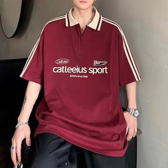 Unisex T-shirt Men Women Striped Letter Decoration Lapel Short Sleeve T-Shirt Casual Loose