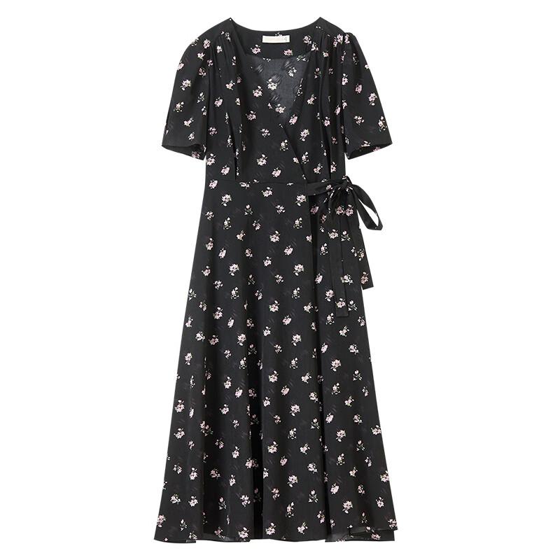 Shangdu Bila V-Ausschnitt Kurzarm Bedrucktes Kleid Damen Sommer Taillenbetonend Teepause Floral Elegant Pendler Mittellanges Kleid