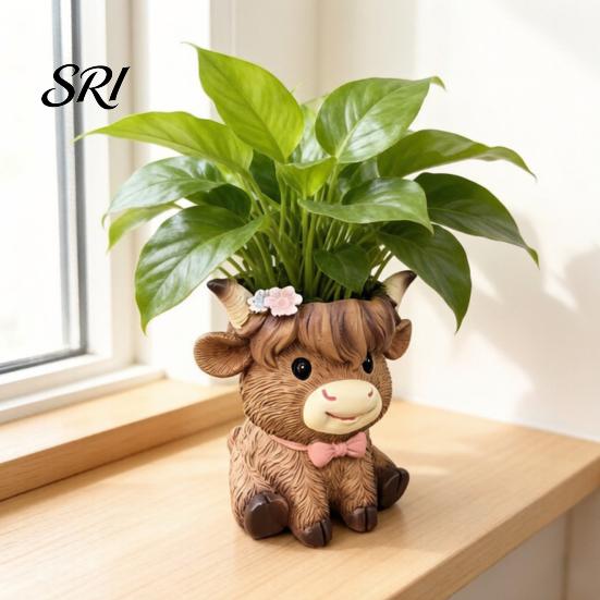 Dekorativní Mini Květináč Kráva ze Skotské Vysočiny Květináč Roztomilé Zvířátko Pryskyřice Květina s Drenážním Otvorem Parapet Malý Skotský pro Boho Domácnost Stůl Terasa