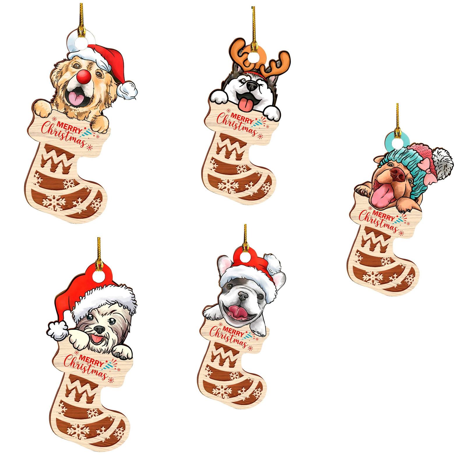 

Набор из 5 шт. Рождественский елочный декоративный подвесной деревянный кулон в виде собаки, забавный рождественский елочный деревянный кулон, Деревянное украшение для собаки