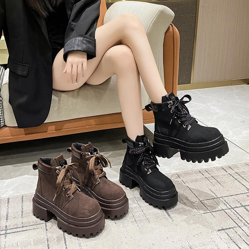Women Autumn Winter Leather Ankle Boots 9CM Chunky Heels Motorcycle Boots Woman Thick Bottom Lace-up High Platform Short Booties