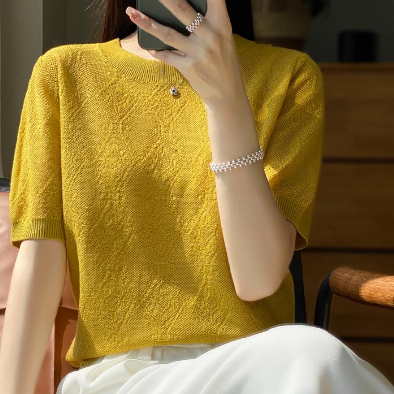Round Neck Imitation Wool Short-sleeved T-shirt for Women In Summer Thin Loose Knitted Base Shirt Solid Color Half-sleeved Top