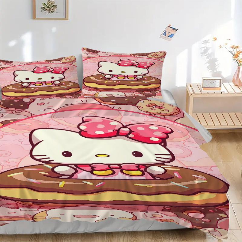 

3pcs Sweet Hello Kitty Doughnut Delight Quilt Cover Set - Soft and Cozy Bedroom, Guest Room and Dorm Decorative Bedding 3-Piece Set 1 Quilt Cover 135x200cm