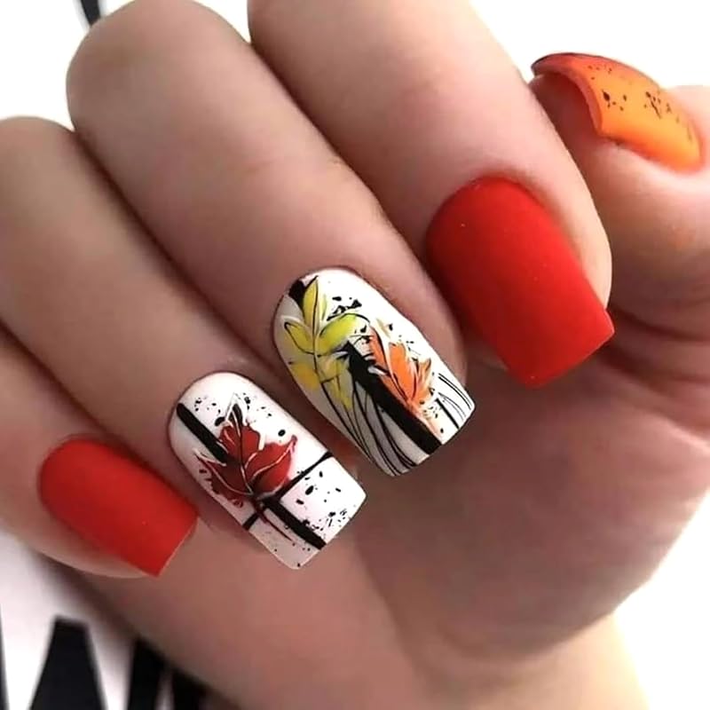 Fall Leaf Press on Nails Thanksgiving Pumpkin False Nails with Design Medium Square Artificial Stick on Nail Glossy Autumn Maple Leaves Acrylic Glue