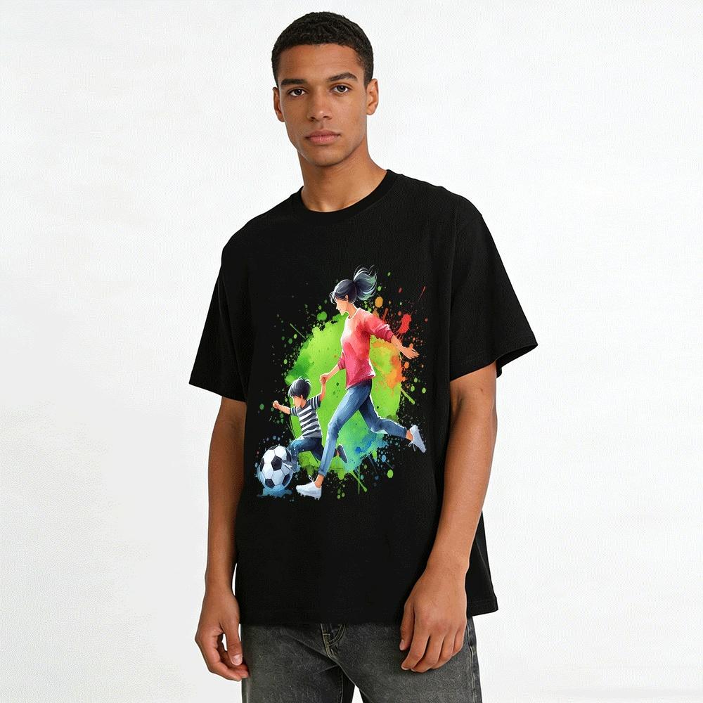 Aquarell Eltern-Kind Fußballzeit Lässiges bedrucktes Oberteil Reines Baumwoll-T-Shirt