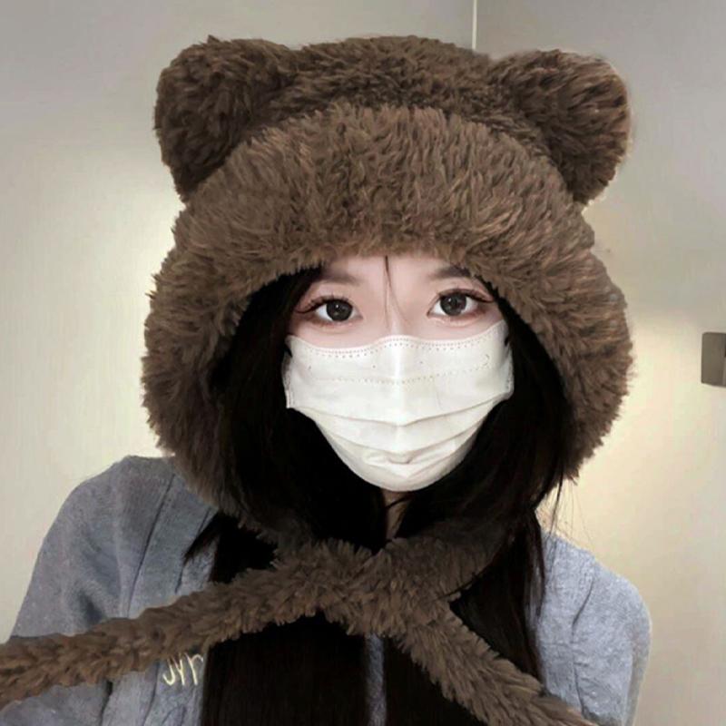 Fashion Cute Bear Ears Winter Hat Woolen Ear Protection Bucket Hat Plush Cold-Proof Cycling Cap For Women