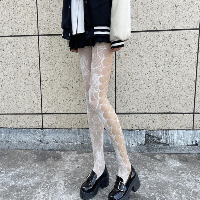 Sexy Hottie Hollowed Out Fishing Net Socks Side Rose Black Jumpsuit Socks Personalized Rose Black Stockings Fashion Pantyhose