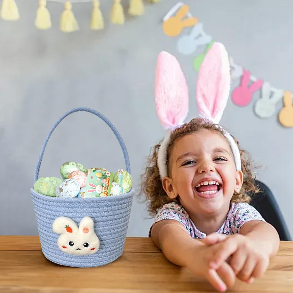 Easter Basket with Handle Hand-Woven Bunny Gift Basket Cotton Thread Easter Gift Storage Basket Cute Bunny Basket for Kids Gifts
