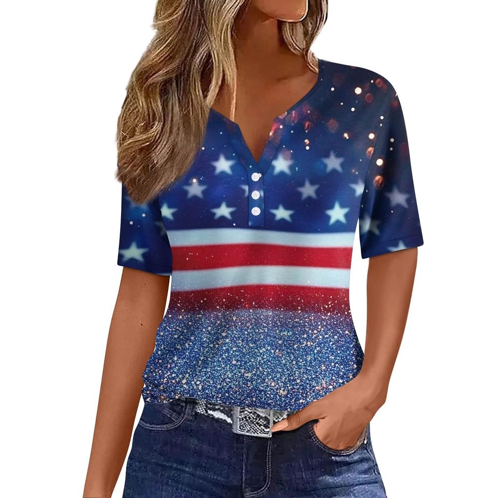 Women's Fashion Casual Independence Day Printed V-Neck Short Sleeve Button Top
