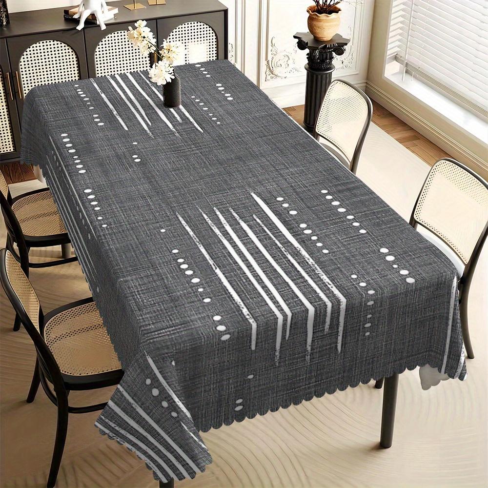 Nappe minimaliste en lin gris avec imprimé géométrique blanc, bord festonné, résistante aux taches pour salle à manger et décoration moderne 140x160cm