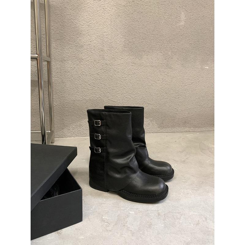 Cowhide version thick-soled Martin boots women's retro western cowboy boots metal buckle thick heel medium tube pants tube boots square head 