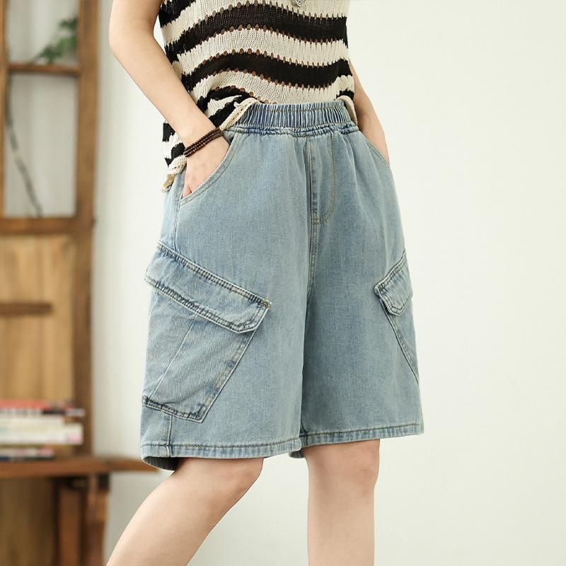 

Dimanaf Большие размеры 2025 Женские шорты Летние брюки Высокая талия Джинсы Свободные карманы Эластичные Базовые повседневные брюки Макси 2XL синий