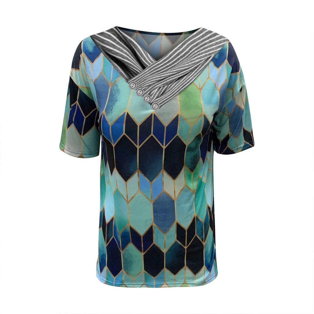 Women Tie-dye Printed Embroidery Collar Splicing Sleeve Pullover Blouse Tops