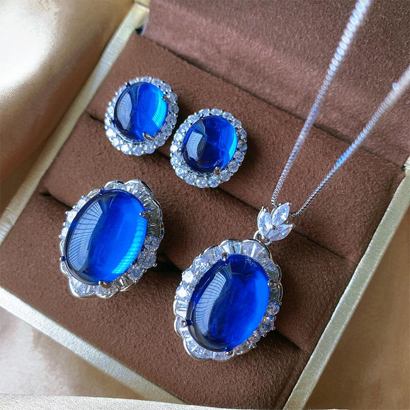 Jewelry Ice Seed Fluorescent Denier Pigeon Blood Blue Pointed Crystal Plain Body Jade Pendant Set 13 * 18-10 * 12