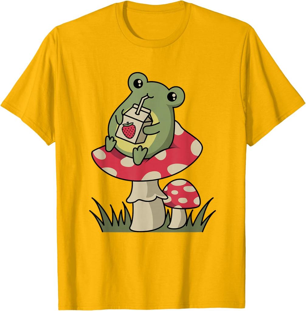 Cottagecore Frog Drinking Strawberry Milk Mushroom Graphic Tee Soft Casual Cotton T-Shirt for Unisex