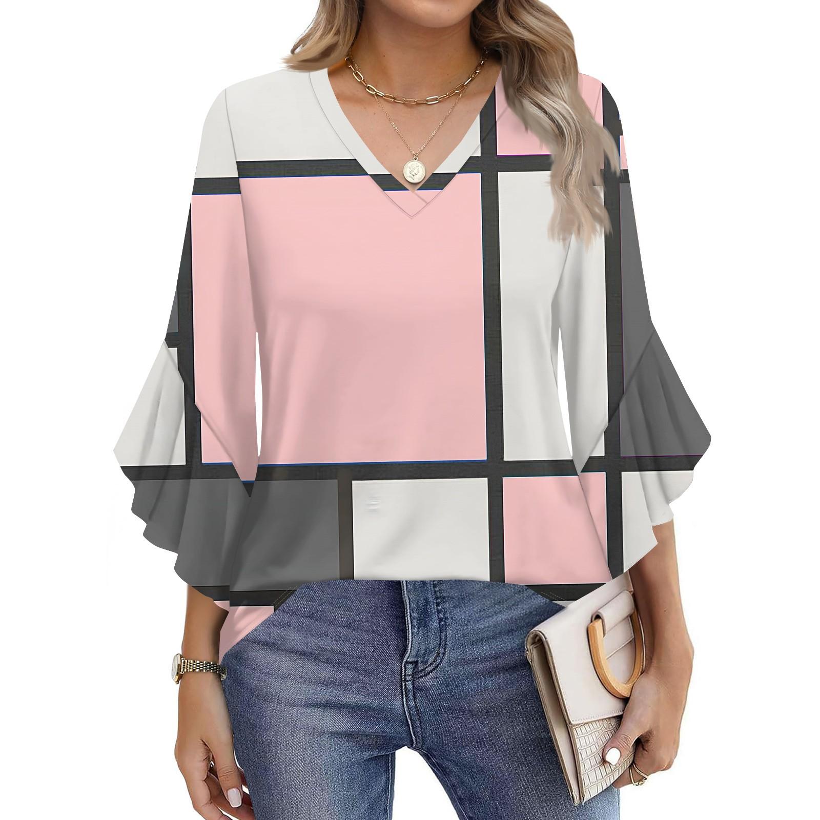 

Жіноча мода Повсякденний топ з рукавом сім восьмих, ретро, з кольоровим блокуванням, з принтом, футболка з V-подібним вирізом, сорочка з розкльошеним рукавом S рожевий