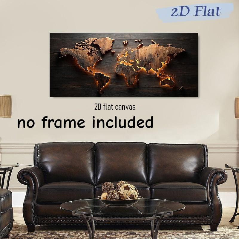1pcs Wooden World Map Frameless Canvas Decorative Hanging Painting Living Room Study Office Modern Minimalist Style Home Wall De