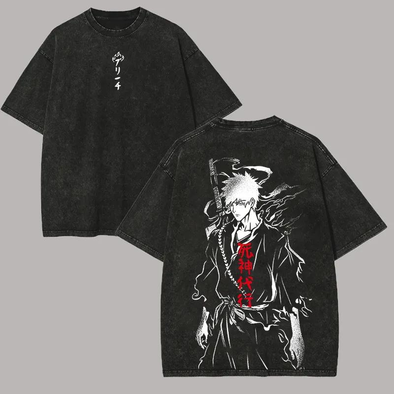 Bleach Ichigo Kurosaki Anime Unisex Washed T-Shirt Oversized Men Women Streetwear High Quality Pure Cotton Short Sleeved Female Male Clothing