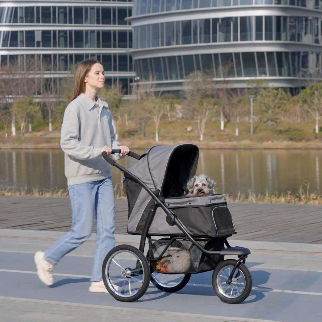 Foldable Pet stroller, Dog Buggy with Three Wheels, for Small/Medium Dogs, Grey