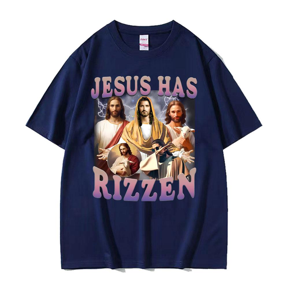 Jesus Has Rizzen Funny T Shirt Men Women Clothing Vintage Trending Oversized Tee Shirt High Quality Cotton Short Sleeve Tshirts