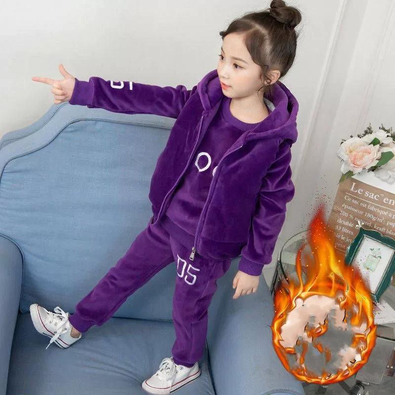 4-12 Years Winter Girls Tracksuit Autumn Teenager Clothes Padded Velvet Jacket + Hoodie + Pant 3Pcs Children's Clothing